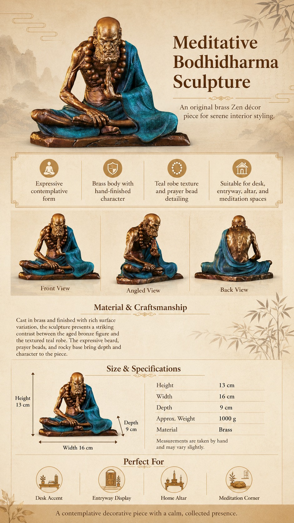 Contemplative Bodhidharma Brass Sculpture, approved detail product view.