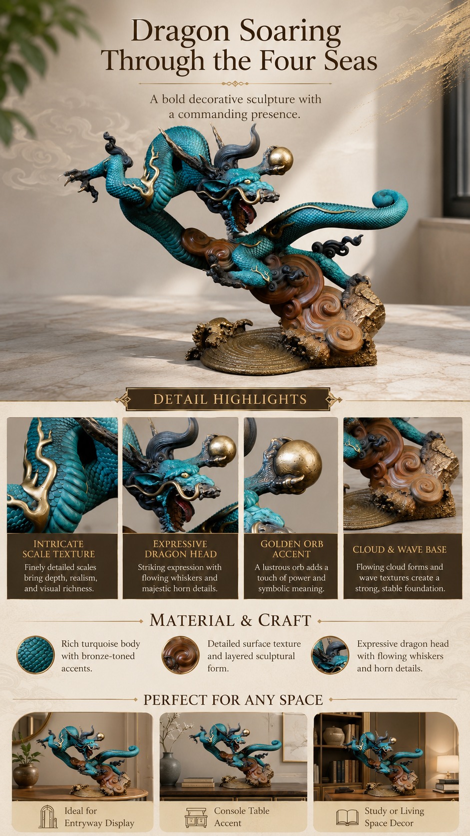 Soaring Dragon Brass Statue, approved detail product view.