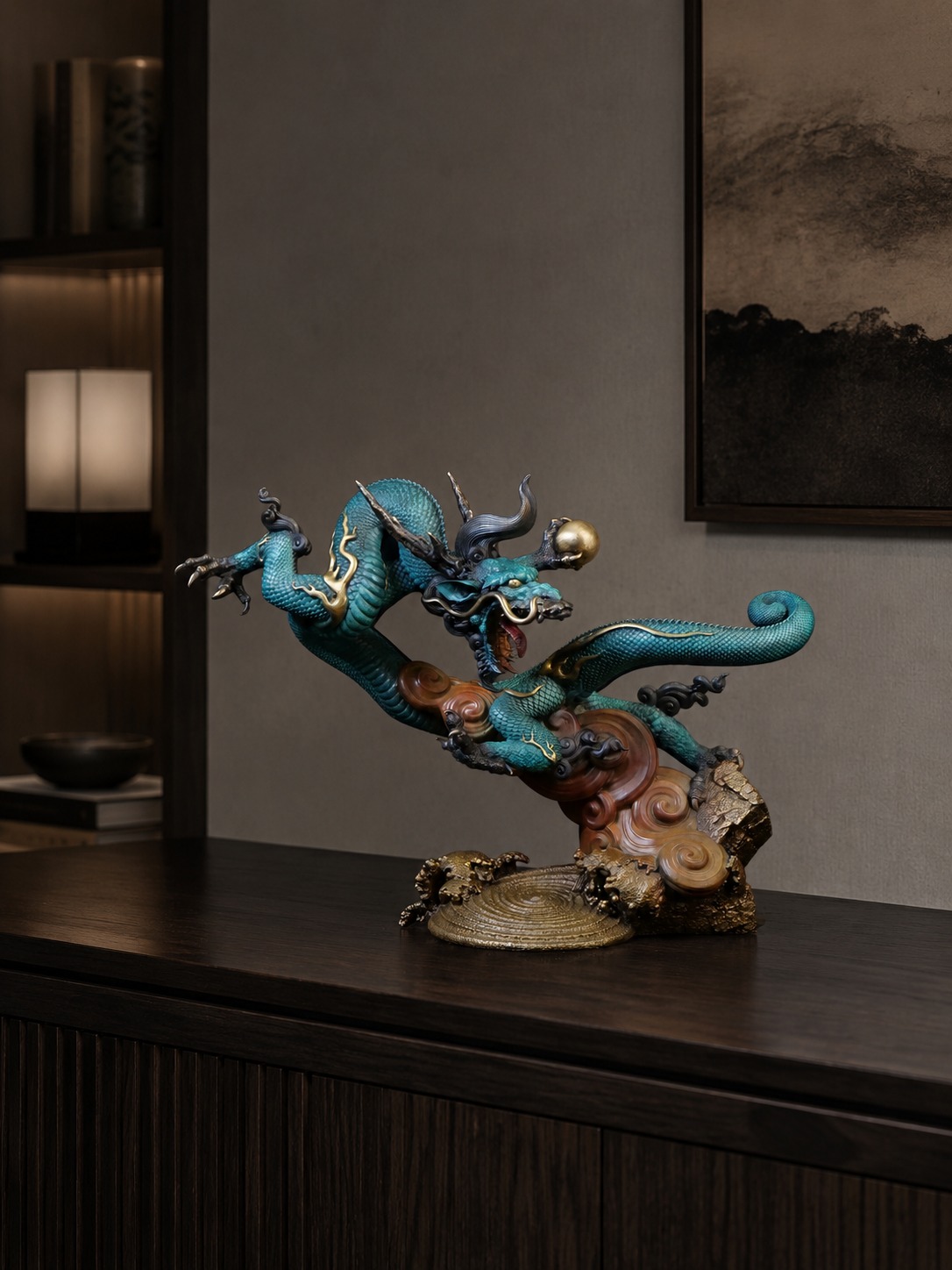 Soaring Dragon Brass Statue, approved scene product view.
