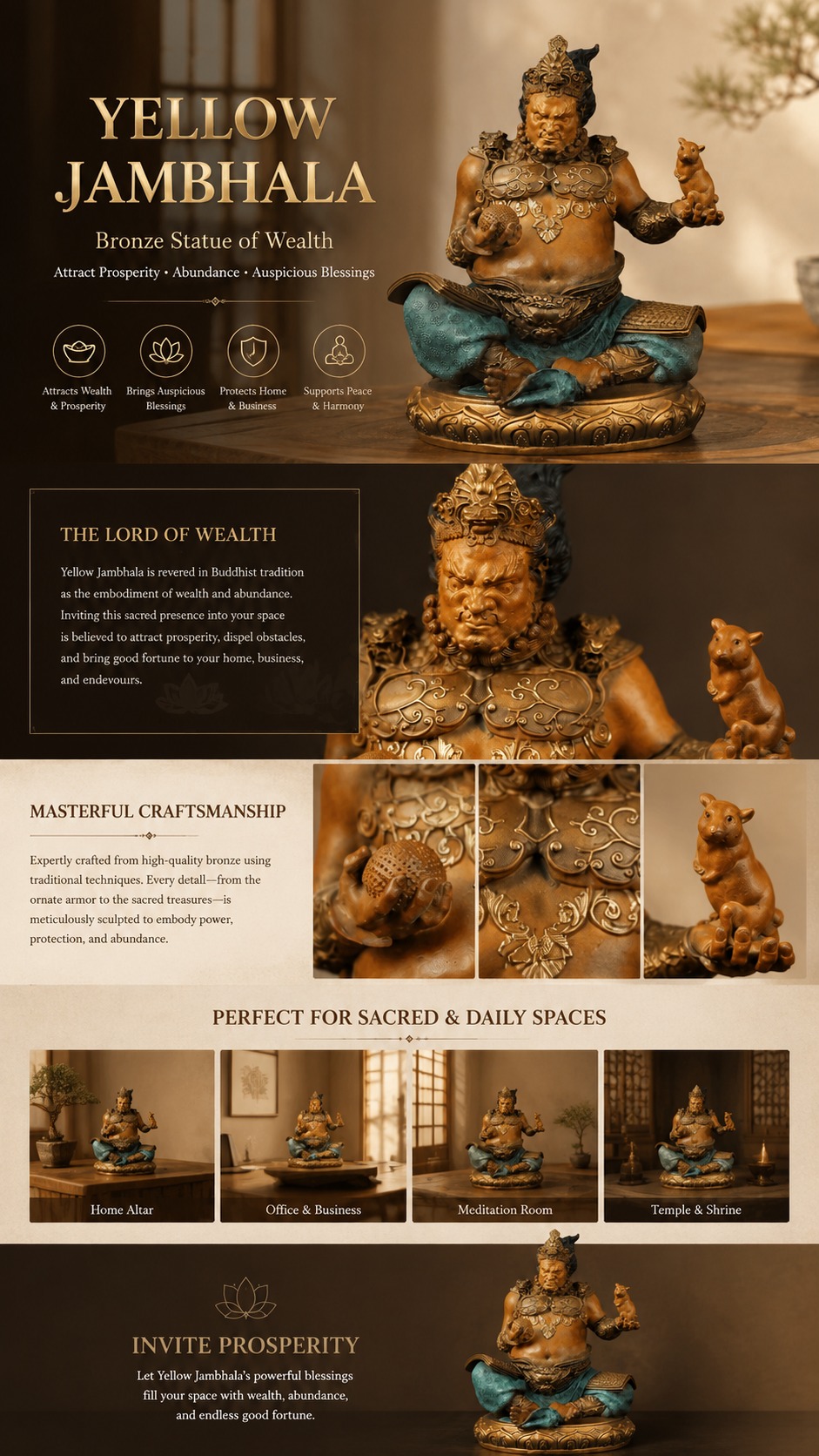 Yellow Jambhala Seated Brass Statue, approved detail product view.