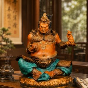 Yellow Jambhala Seated Brass Statue, approved scene product view.