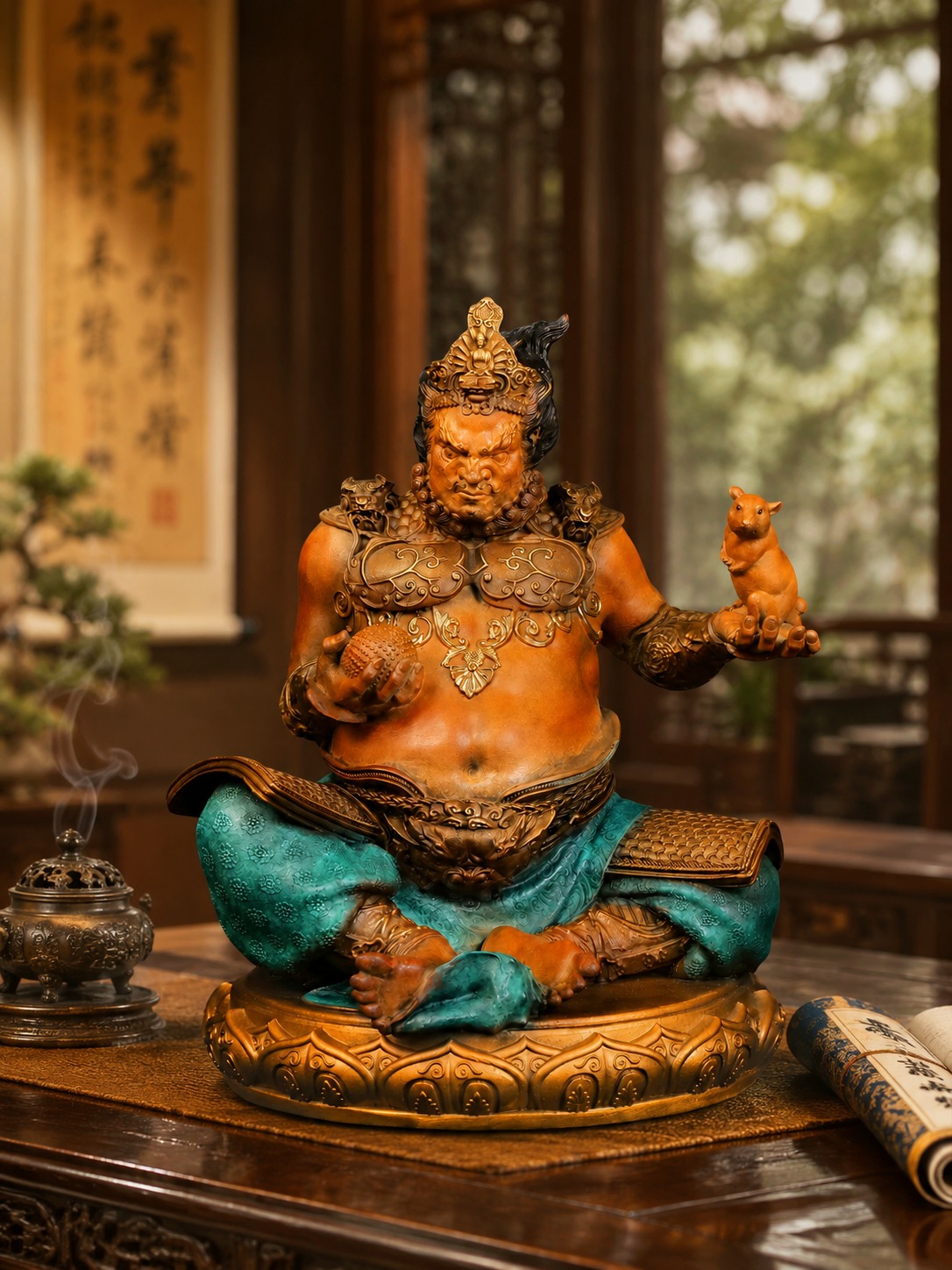 Yellow Jambhala Seated Brass Statue, approved scene product view.