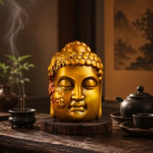 One Thought Between Buddha and Demon Brass Sculpture, approved scene product view.