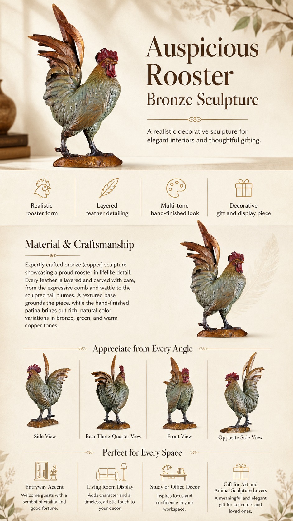 Rooster Brass Statue, approved detail product view.