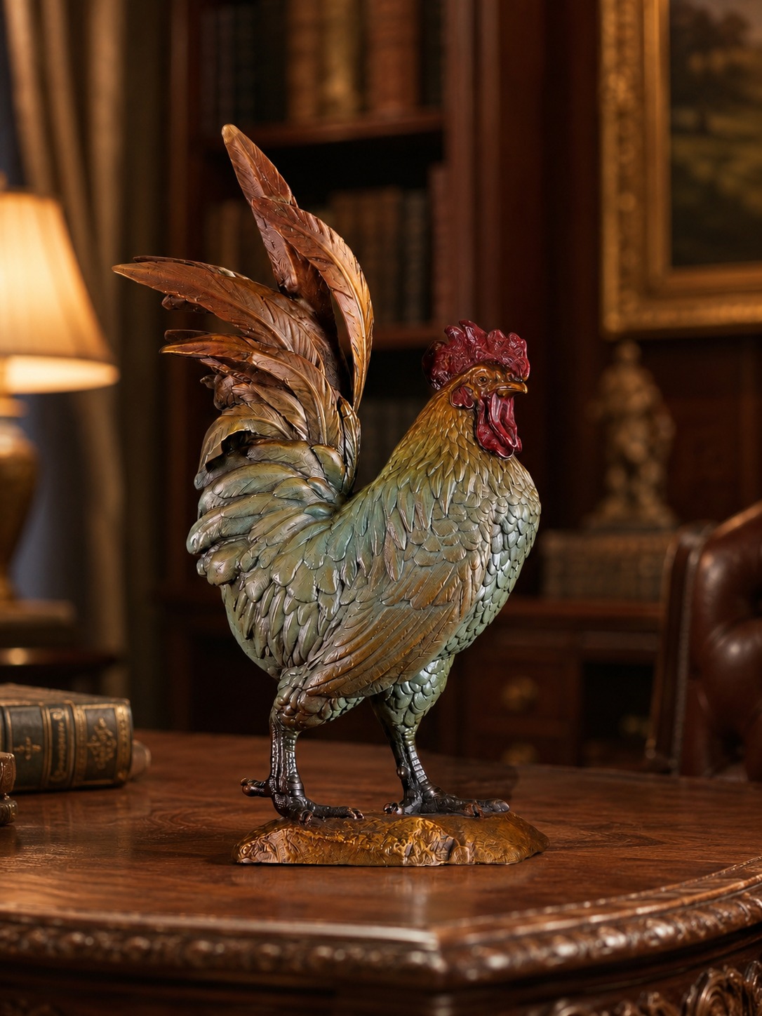 Rooster Brass Statue, approved scene product view.
