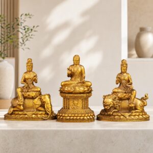 Shakyamuni Manjushri and Samantabhadra Trinity Brass Statue, approved hero product view.