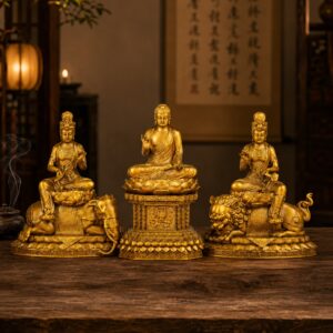 Shakyamuni Manjushri and Samantabhadra Trinity Brass Statue, approved main product view.