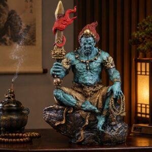 Approved display image of the Seated Fudo Myoo Brass Statue; use the listed measurements for placement.