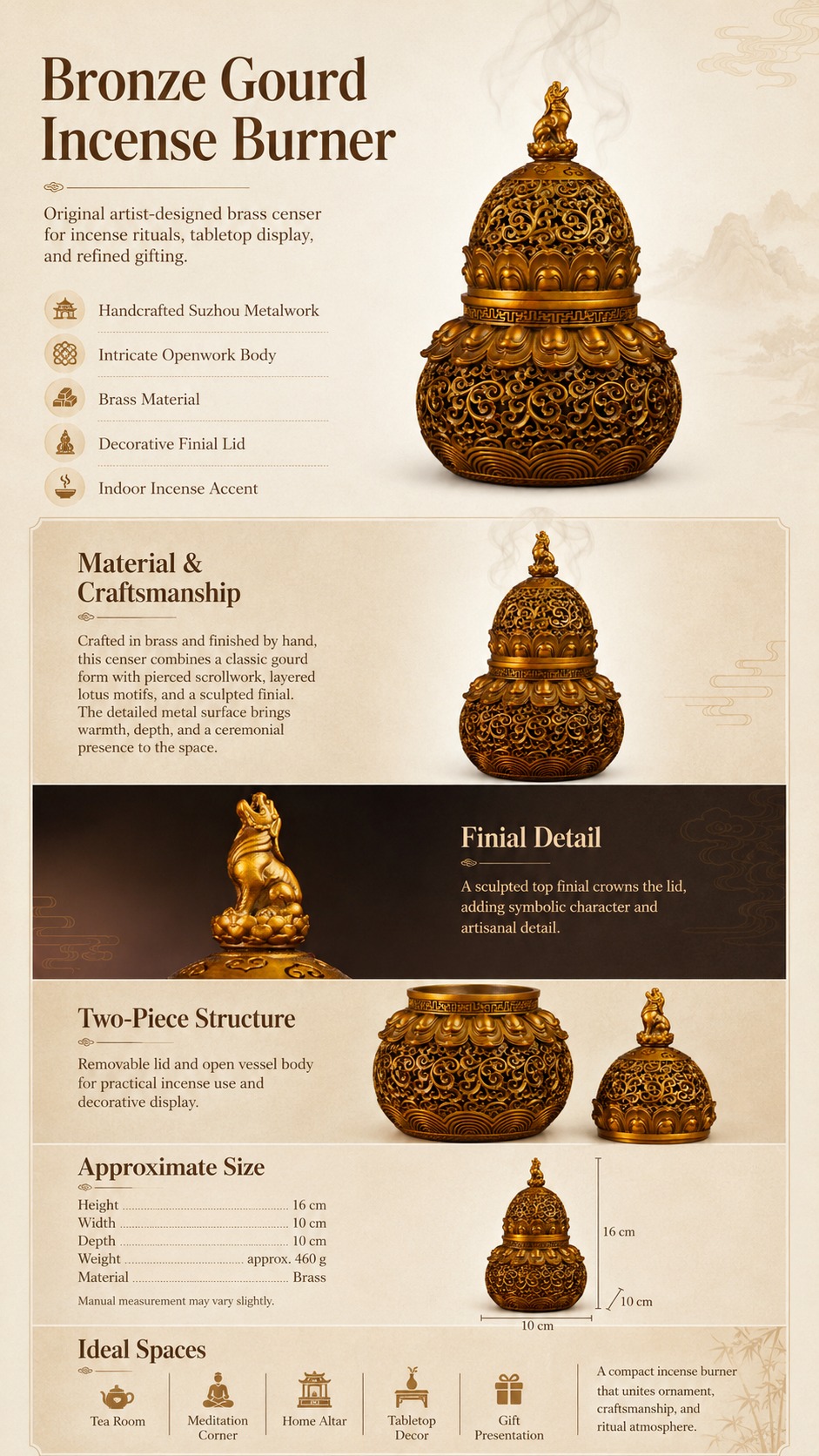 Gourd Copper Alloy Incense Burner Statue, approved detail product view.