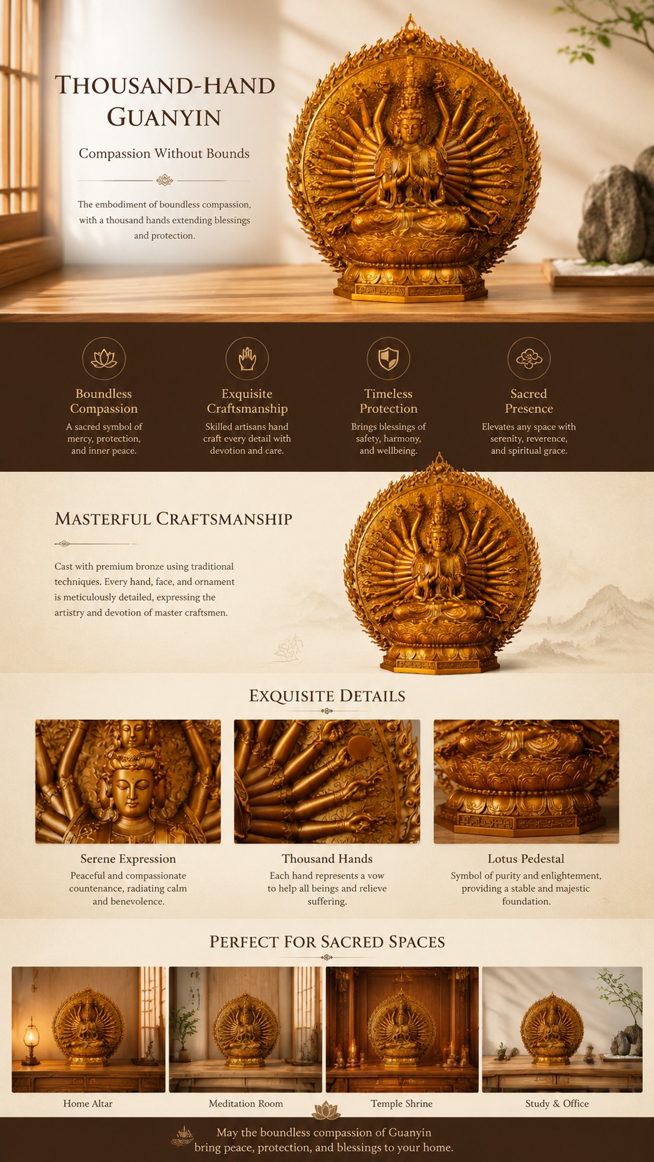 Thousand Hand Avalokiteshvara Buddha Copper Alloy Statue, approved detail product view.