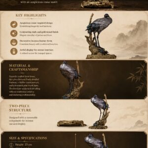 Pine Tree and Crane Bronze Incense Burner Sculpture, approved detail product view.