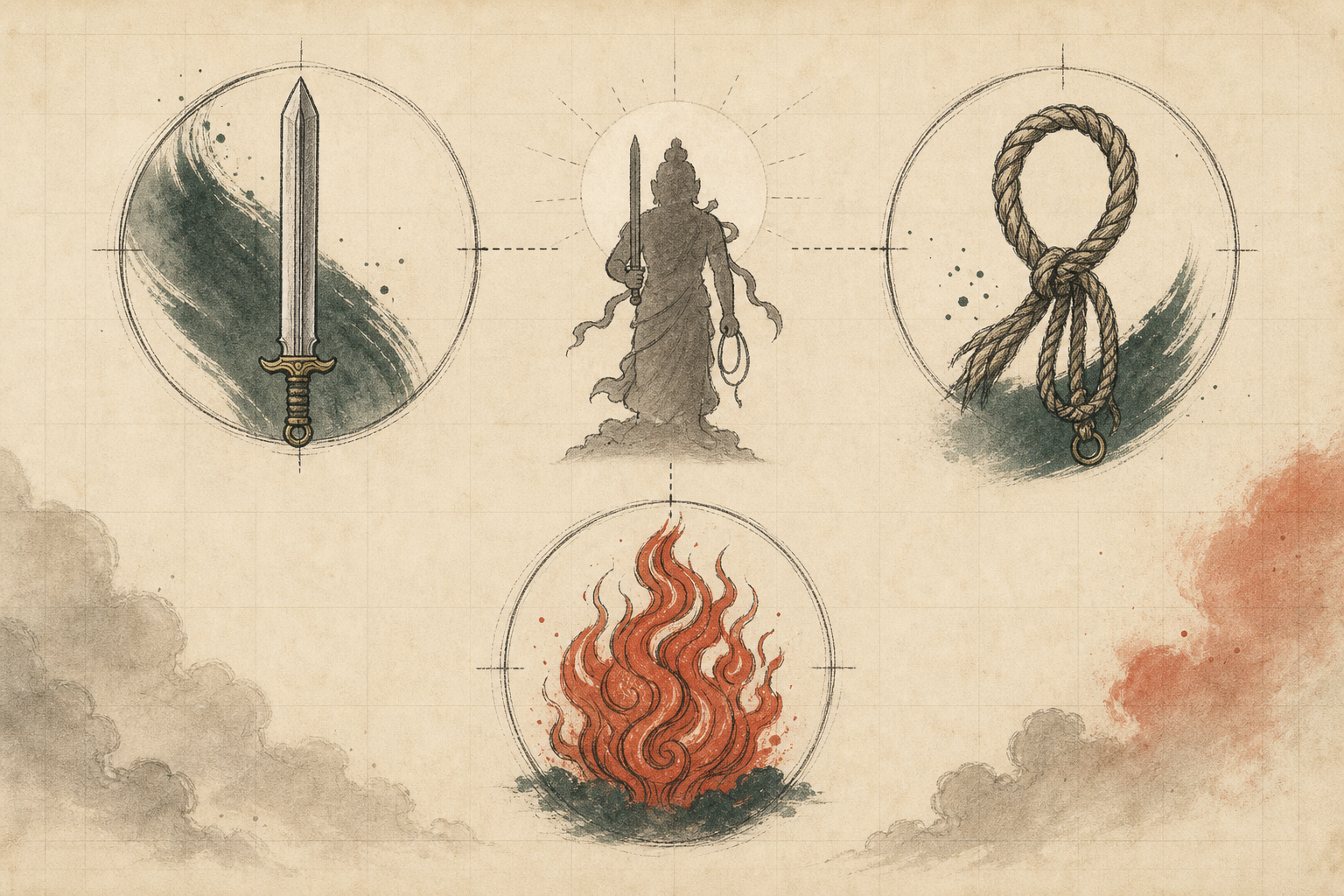 Editorial diagram showing a sword, rope and flame-shaped halo around a generic Fudo Myoo-inspired figure