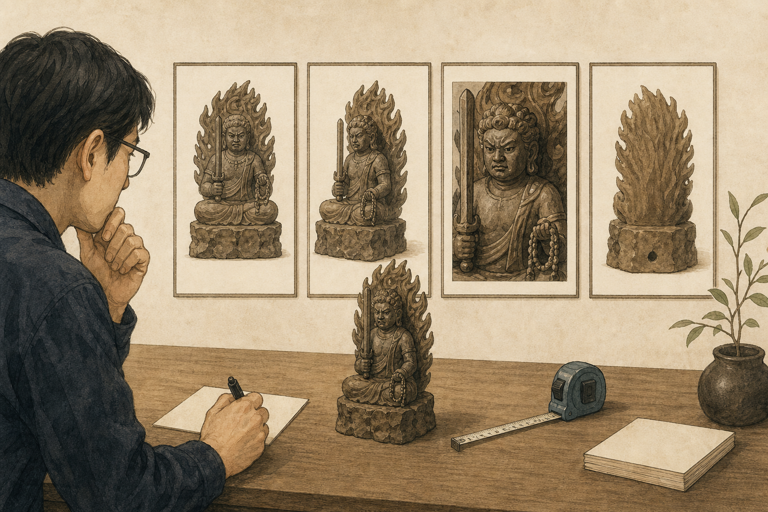 Editorial illustration of a buyer comparing front, angled, detail and back views of a generic cultural carving