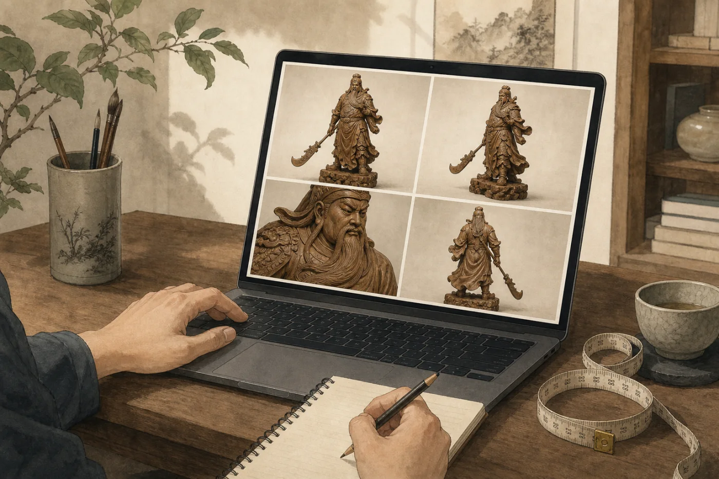 Editorial illustration of a buyer comparing several views and measurements of a generic cultural wood carving