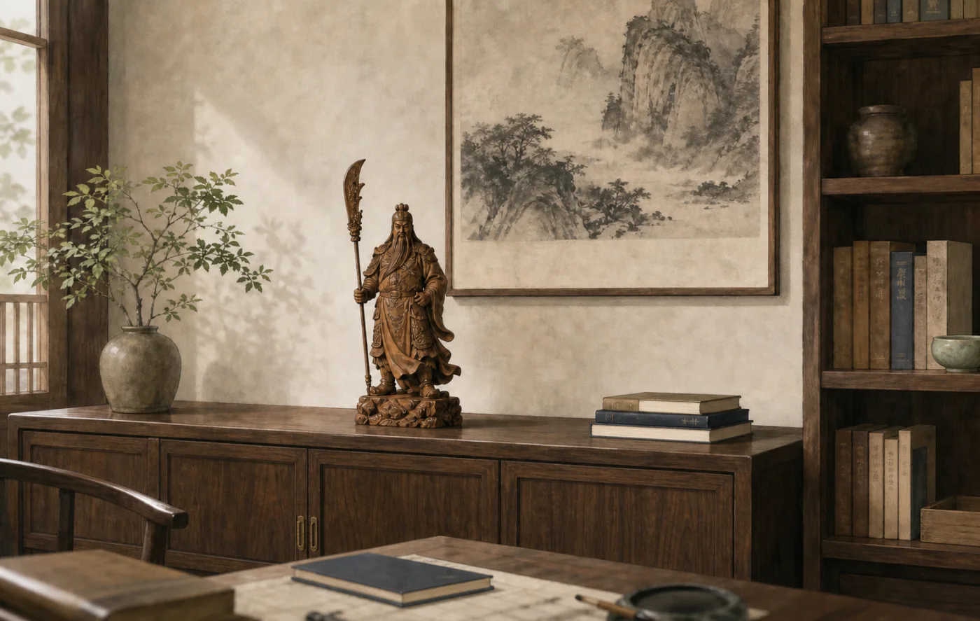 Editorial illustration of a Guan Gong-inspired figure displayed on a stable cabinet with clear space around it