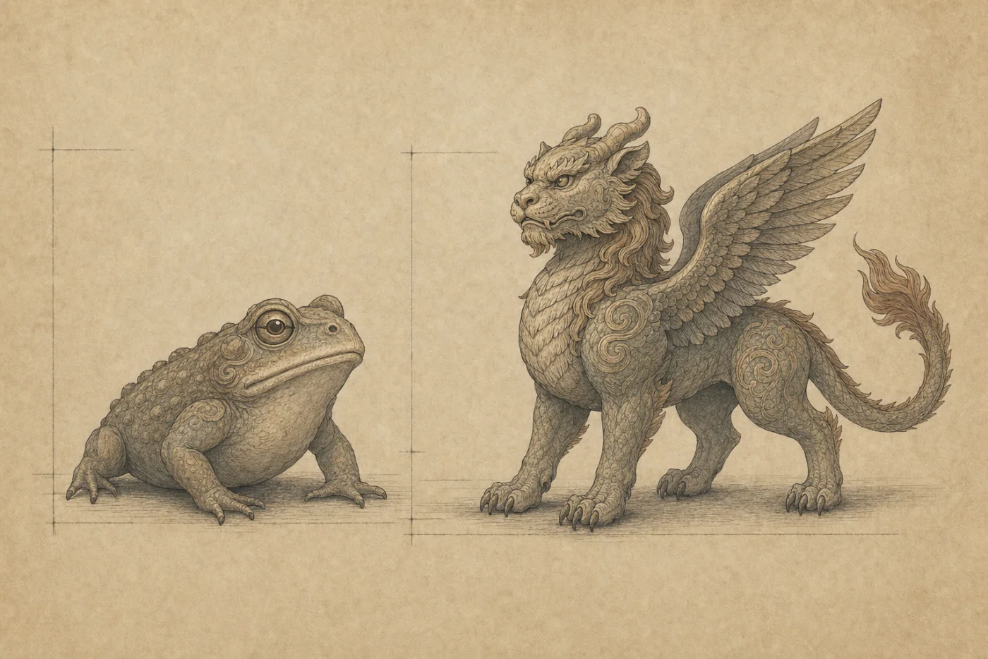 Editorial object study comparing a low three-legged toad form with a taller winged guardian beast