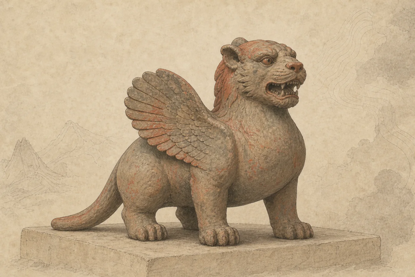 Interpretive editorial study of a clay winged tomb-guardian beast with a feline face
