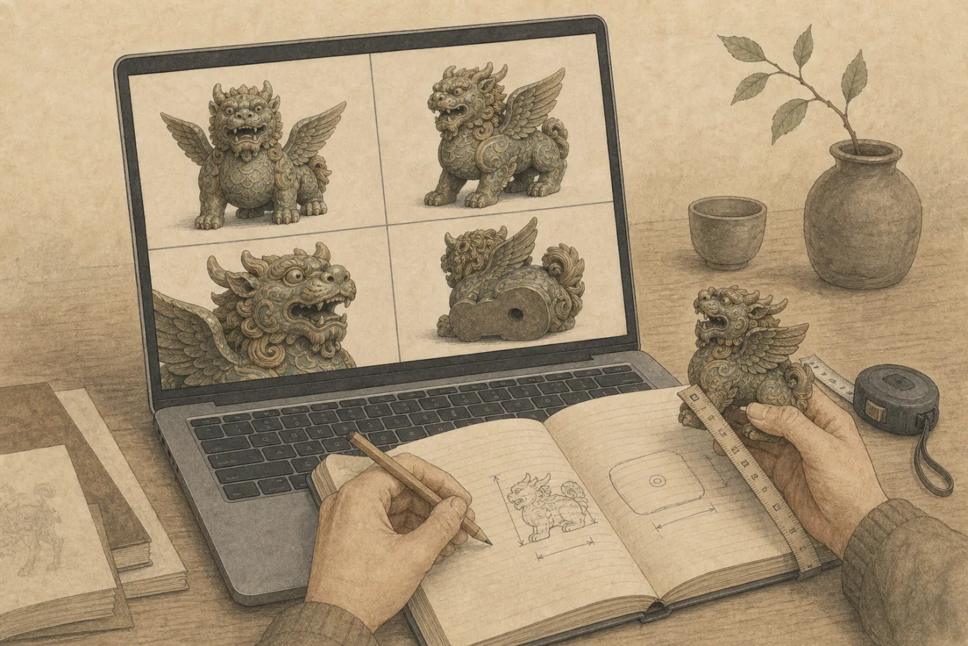 Editorial illustration of a buyer comparing multiple views and measurements of a generic Pixiu-inspired object