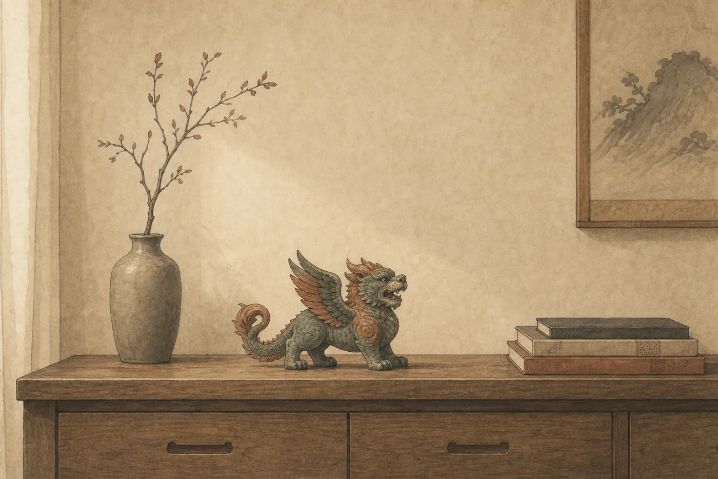 Editorial illustration of a small guardian-beast figure on a stable uncluttered cabinet
