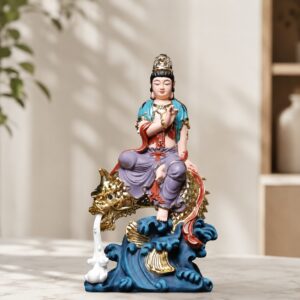 Guanyin on Ao Fish Wood Statue, approved hero product view.
