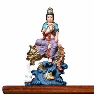 Guanyin on Ao Fish Wood Statue, approved main product view.