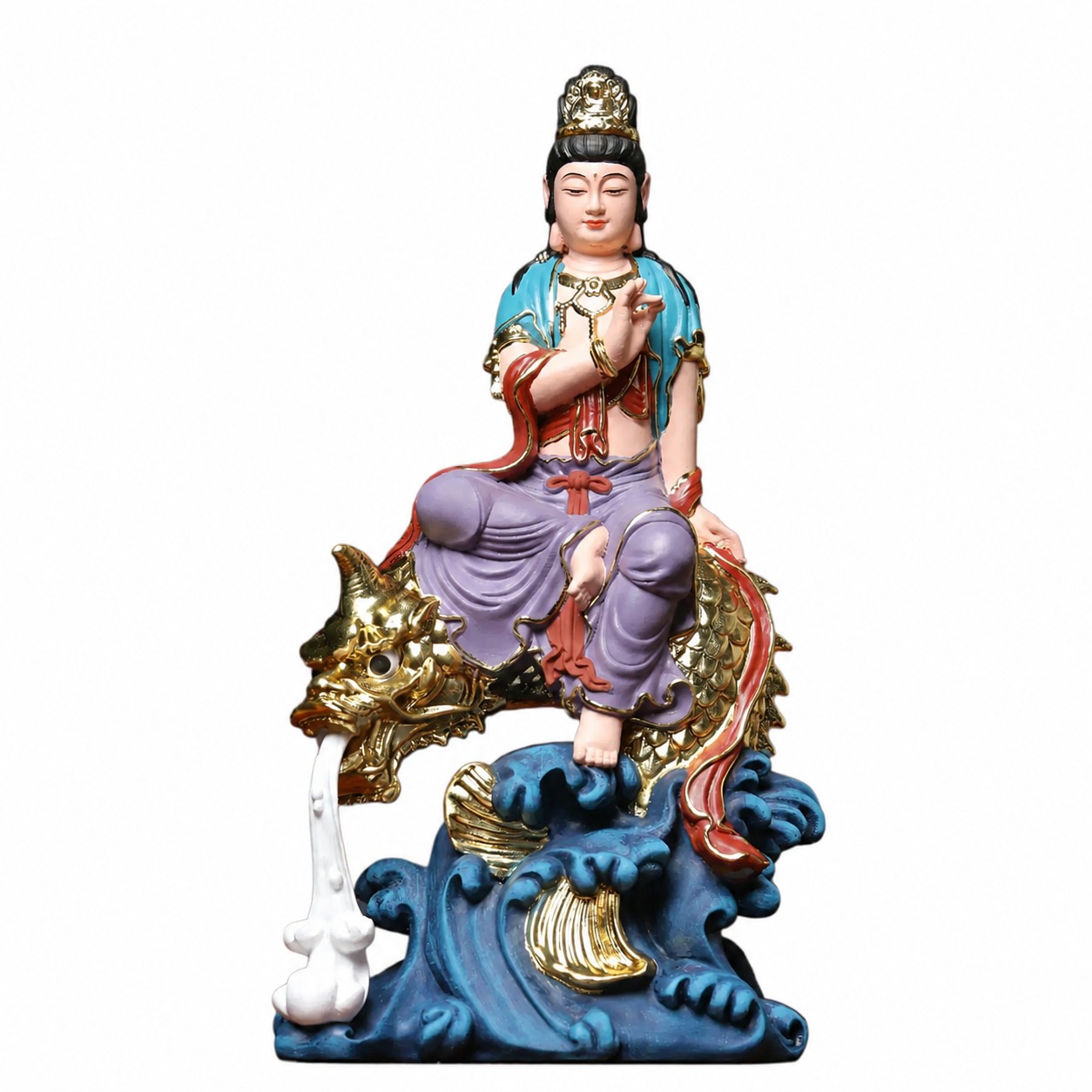 Guanyin on Ao Fish Wood Statue, approved main product view.