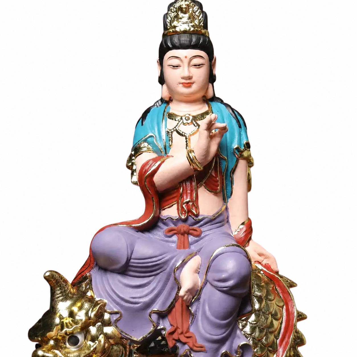Guanyin on Ao Fish Wood Statue, approved main product view.