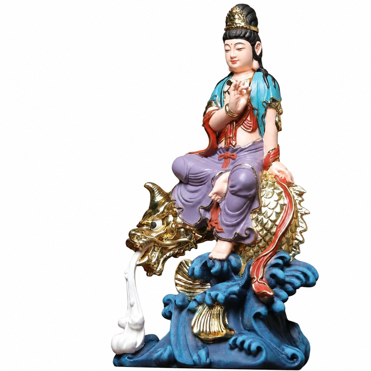 Guanyin on Ao Fish Wood Statue, approved main product view.