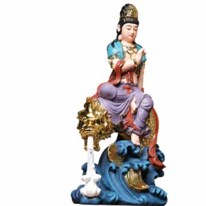 Guanyin on Ao Fish Wood Statue, approved main product view.