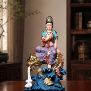 Guanyin on Ao Fish Wood Statue, approved scene product view.