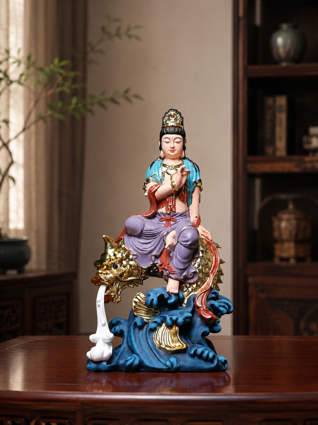 Guanyin on Ao Fish Wood Statue, approved scene product view.