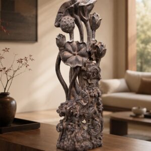Lotus and Fish Wood Sculpture, approved scene product view.