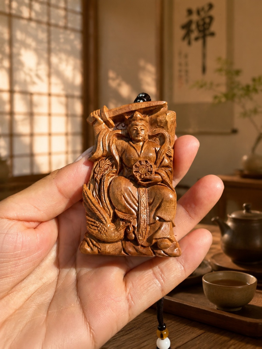 Jiutian Xuannu Wood Token Pendant, approved scene product view.