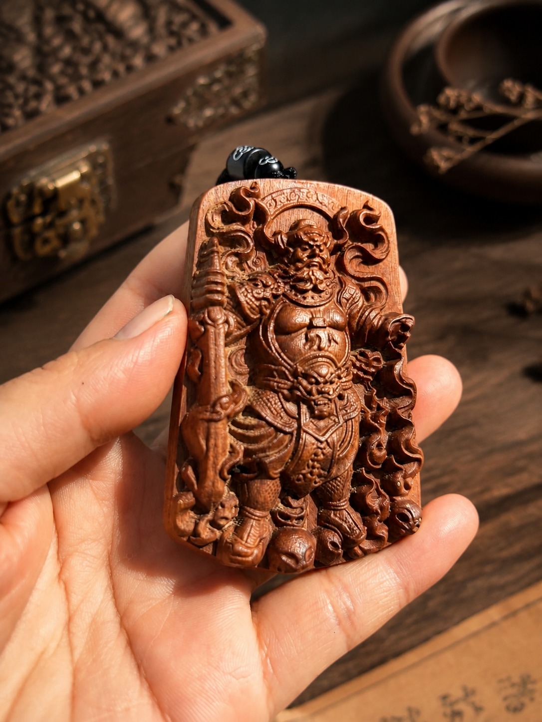 Zhao Gongming Wood Pendant, approved scene product view.