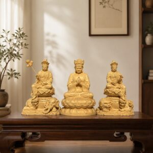 Huayan Trinity Wood Statues — Single or Set, approved scene product view.