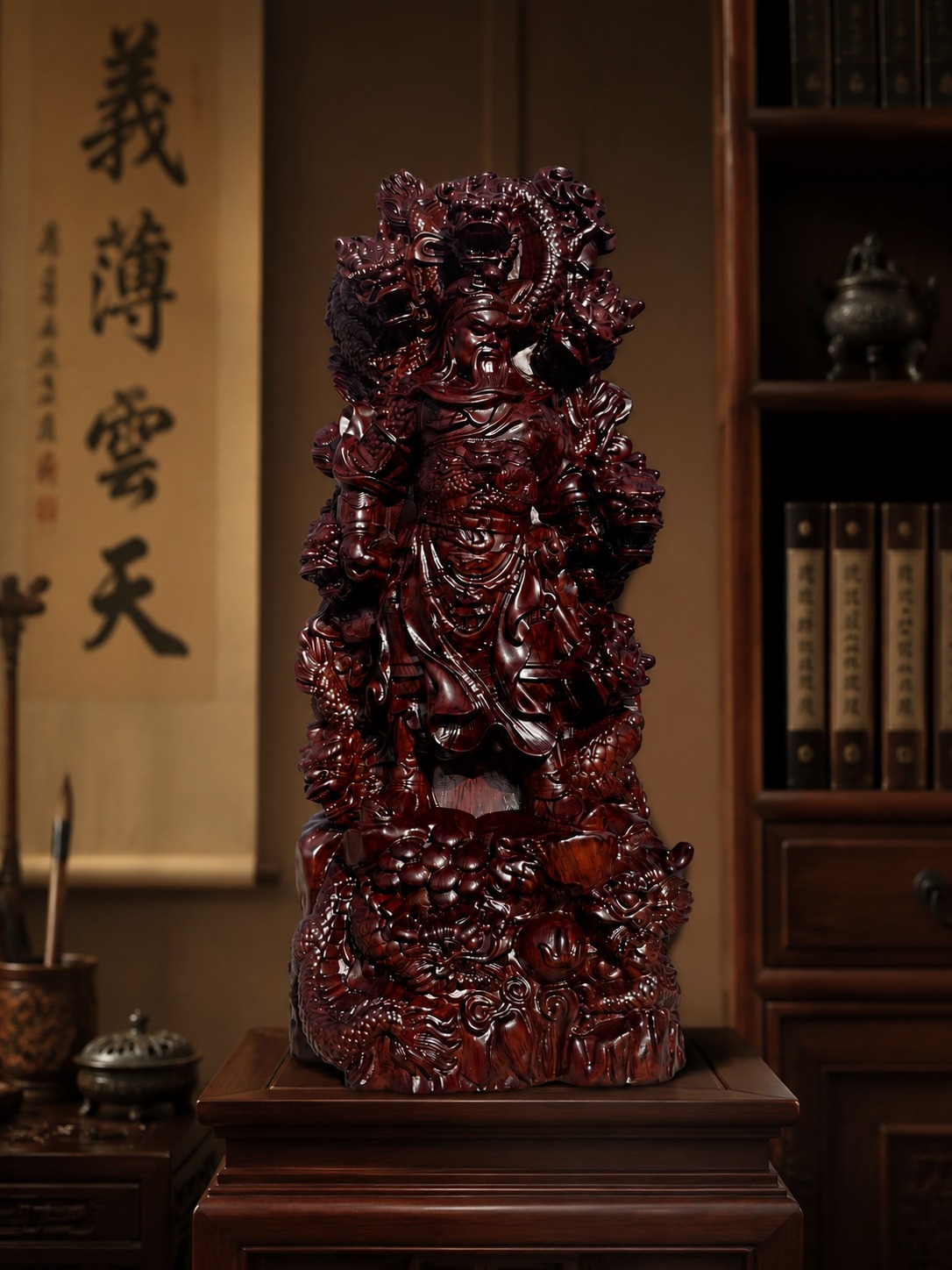 Nine-Dragon Guan Gong Wood Statue, approved scene product view.