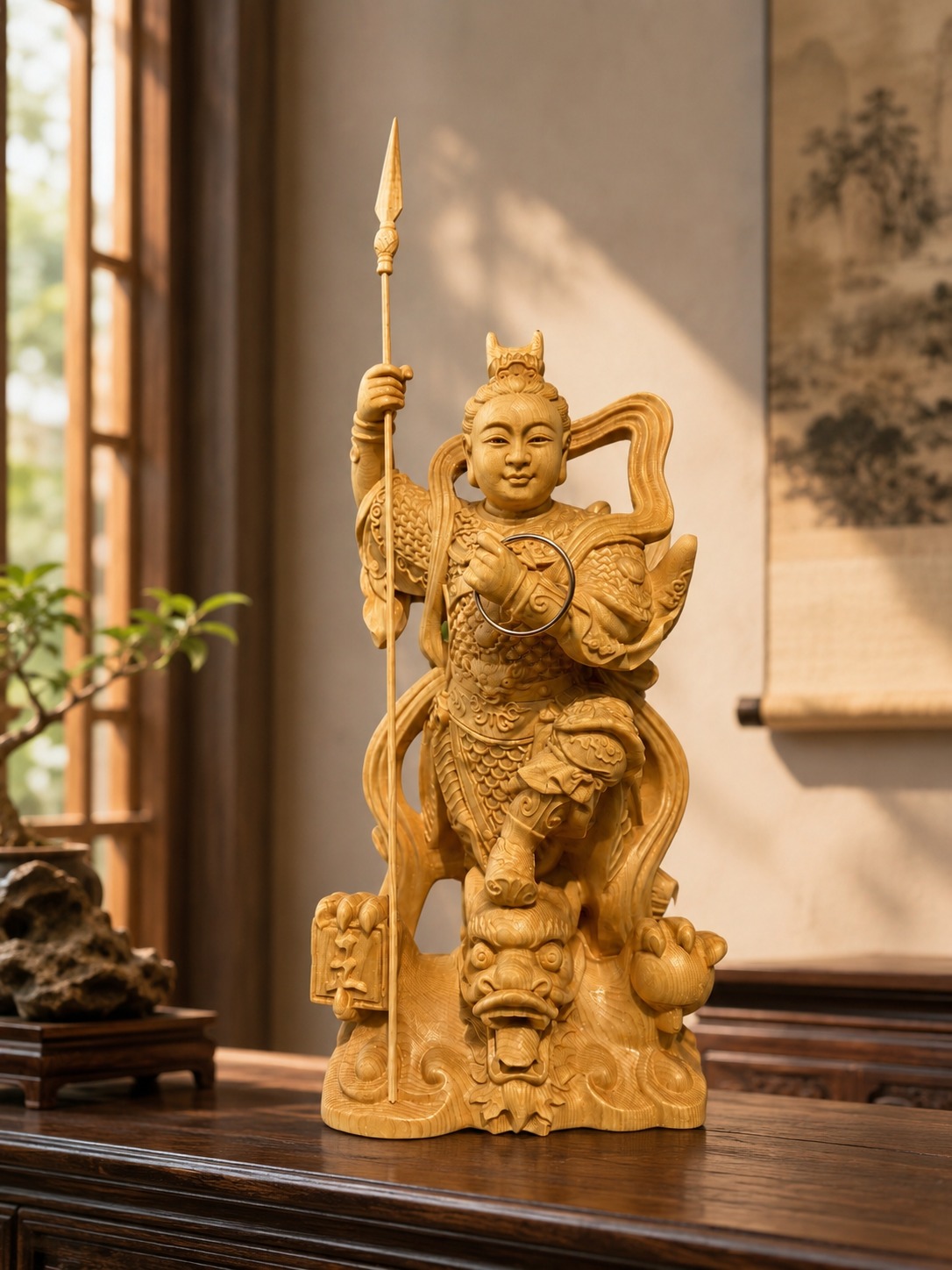 Nezha on Dragon Wood Statue, approved scene product view.