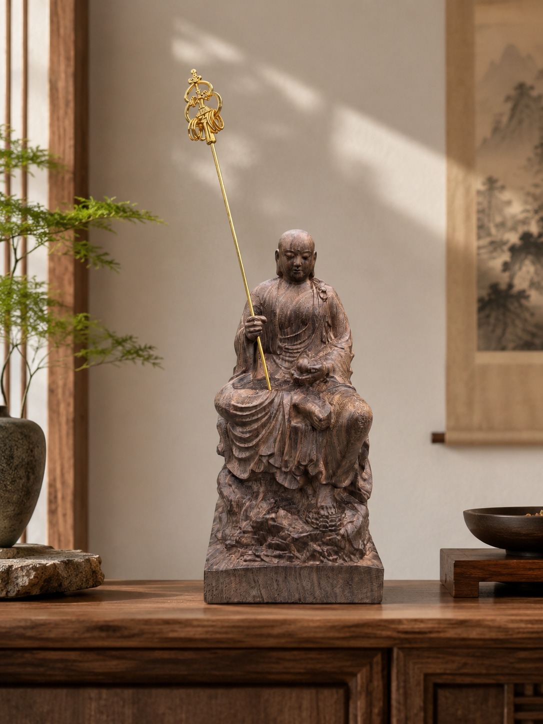 Ksitigarbha Wood Statue, approved scene product view.