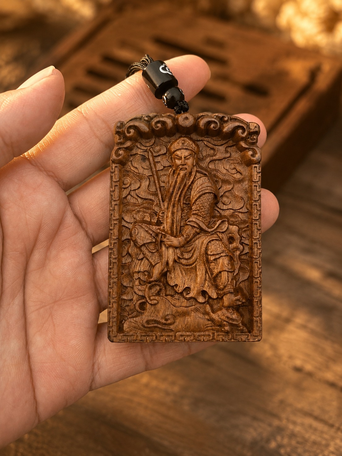 Zhenwu Emperor Wood Pendant, approved scene product view.