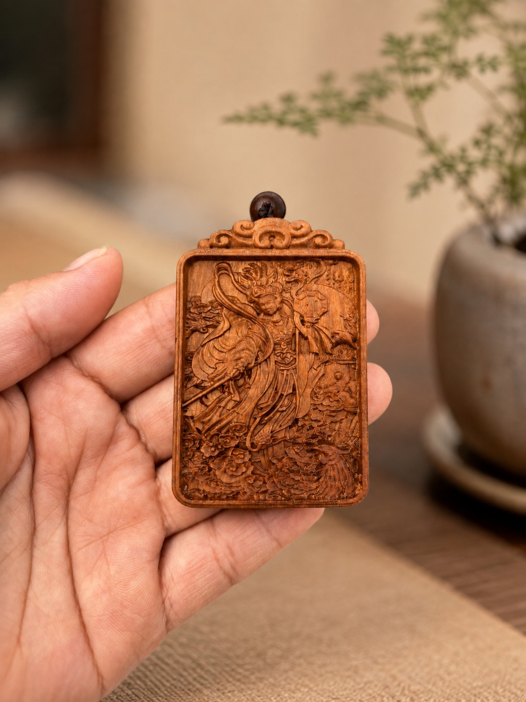 Jiutian Xuannu Wood Pendant, approved scene product view.