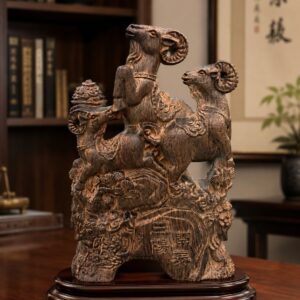 Three Rams Wood Sculpture, approved scene product view.
