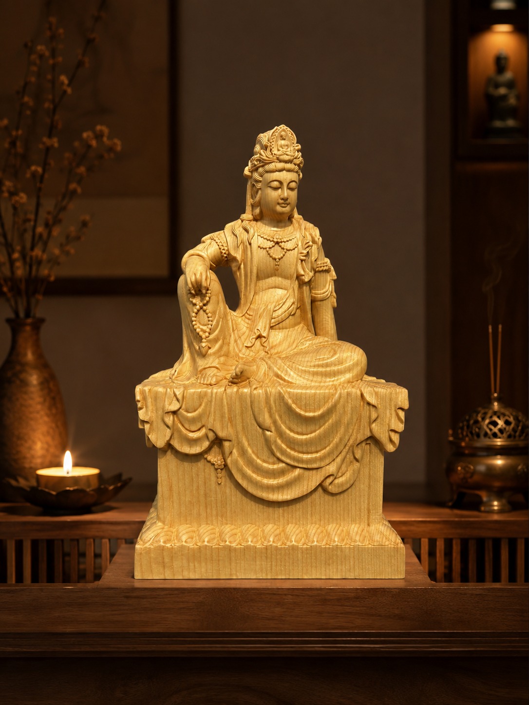 Water-Moon Guanyin Wood Statue, approved scene product view.