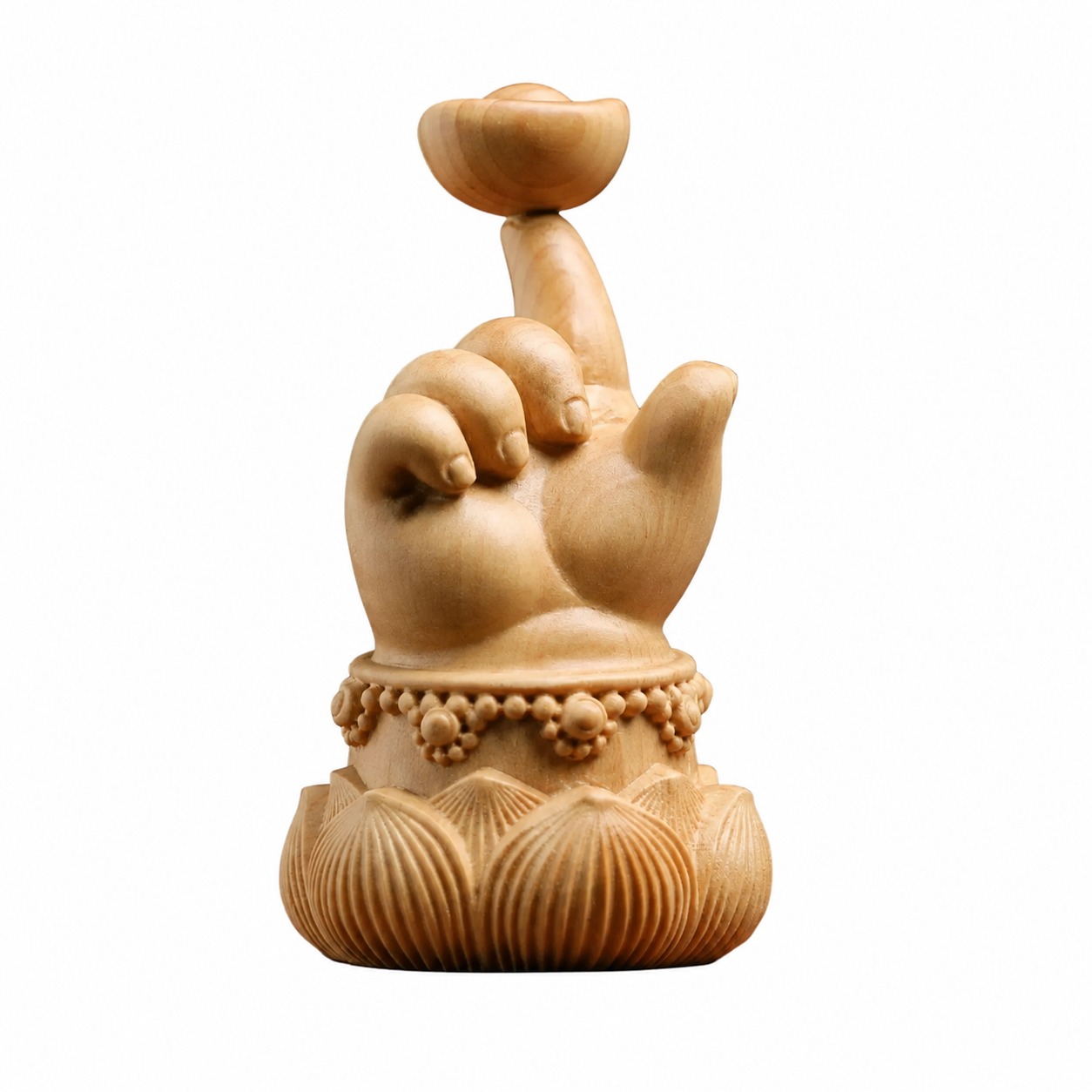 Hand and Lotus Wood Sculpture, approved main product view.