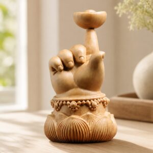 Hand and Lotus Wood Sculpture, approved scene product view.