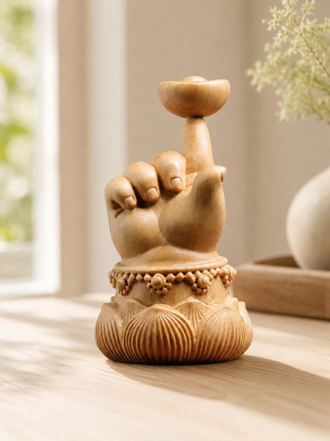 Hand and Lotus Wood Sculpture, approved scene product view.