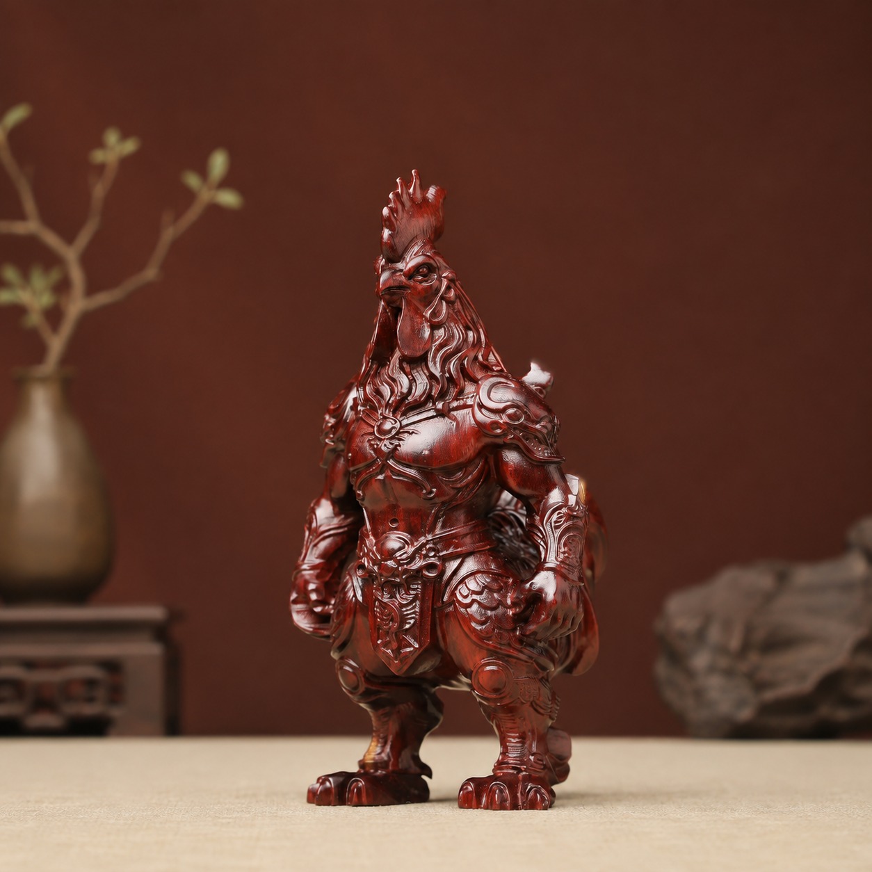Armored Rooster Wood Figurine, approved hero product view.