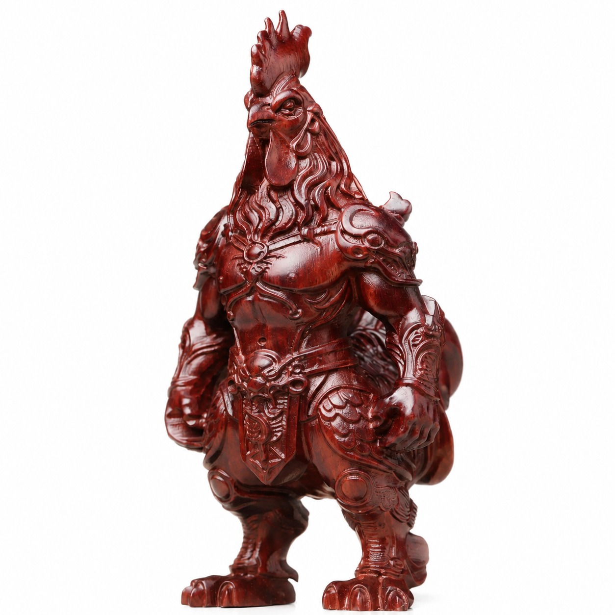 Armored Rooster Wood Figurine, approved main product view.