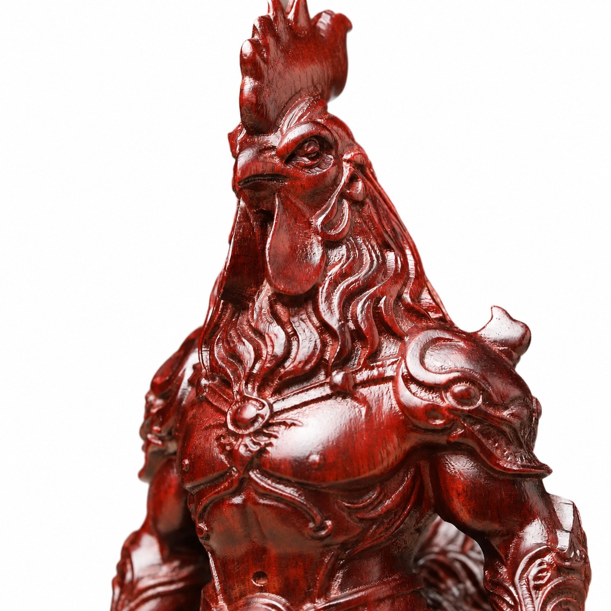 Armored Rooster Wood Figurine, approved main product view.