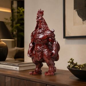 Armored Rooster Wood Figurine, approved scene product view.