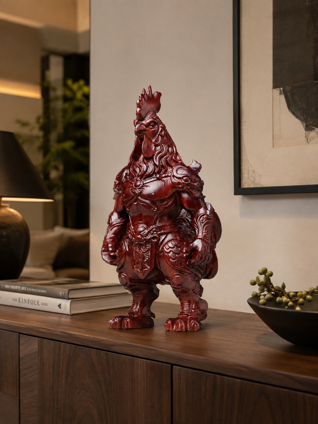 Armored Rooster Wood Figurine, approved scene product view.